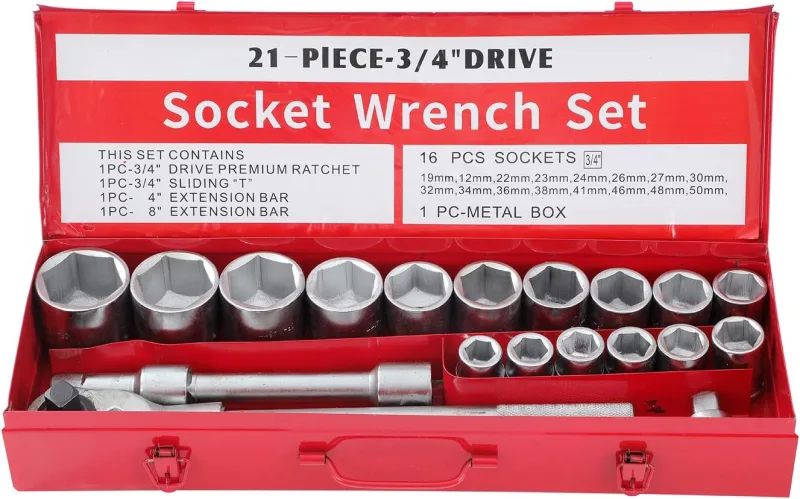 KATSU 3/4" Socket Wrench Set 21 Pieces, 19-50mm Metric 6-Point Hex with 24 Teeth Ratchet Wrench in Steel Box, Auto Repair Mechanic Tool (Budget)