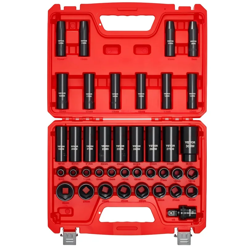 VEVOR 39 Piece Impact Socket Set with 12.7mm Inlet, Deep and Surface, Metric 9-30mm, Chrome Vanadium Steel, Double Size Marking, Automotive Maintenance