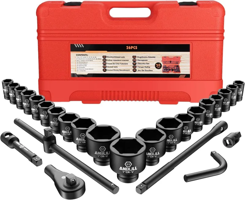 Anbull Impact Socket Set, 27 Impact Sockets, Deep 3/4" (21-50mm) and 1" (50-65mm) Professional, Metric Sizes, 6 Torque Point