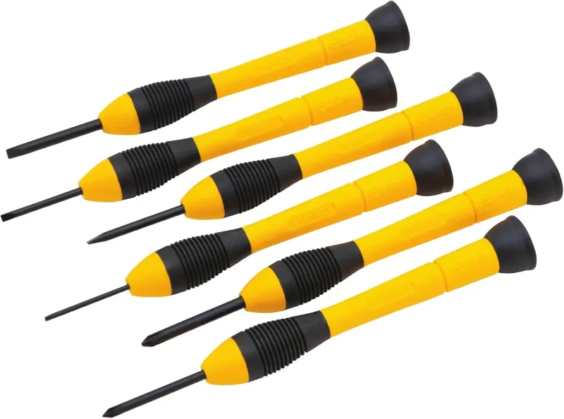 STANLEY Juego de Destornilladores de Precisión, 6 Piezas, Asas de Plástico Resistente, Estuche Compacto, Ideal para Electrónica y Reparaciones Delicadas, 0-66-052