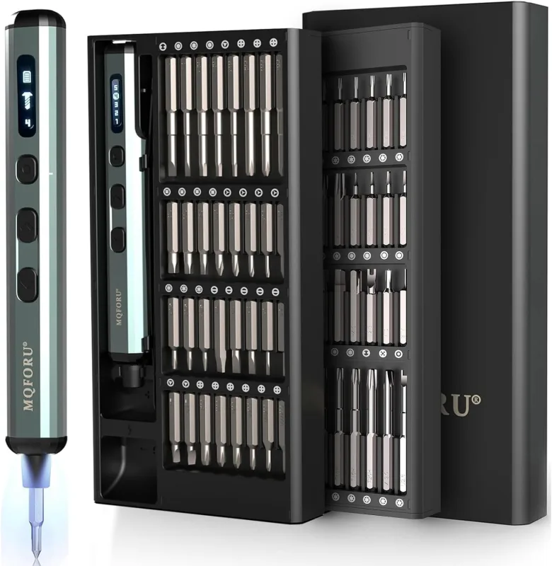 MQFORU Mini Destornillador Eléctrico, 72 en 1 Juego de Destornillador Precisión con 64 Puntas Magnéticas, 5 Ajustes de Torque, Pantalla LED, para Trabajo de Precisión Teléfono Reloj Cámara
