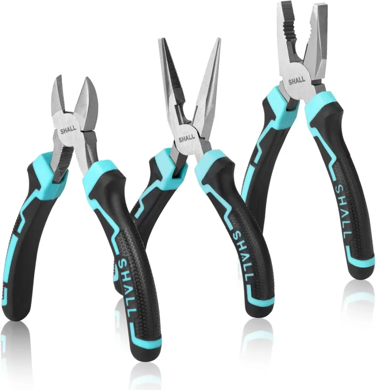 SHALL Juego de 3 alicates de punta larga de 160 mm, alicates de corte diagonal de 160 mm, alicates combinados de 180 mm con agarre suave, para bricolaje, reparaciones domésticas y mecánicas