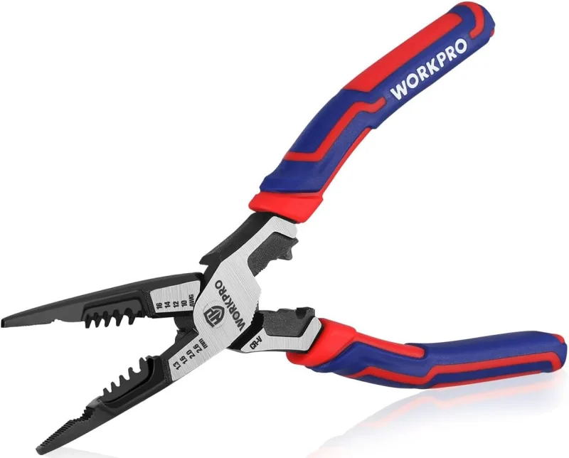 WORKPRO Alicate de Punta Larga 7 en 1, con Pelacables, Alicate de Corte y Llave Inglesa, Alicate de Punta en Aguja para Alambre 16-10 AWG (1,3-2,6 mm), Herramienta Múltiple Cr-V para Electricista