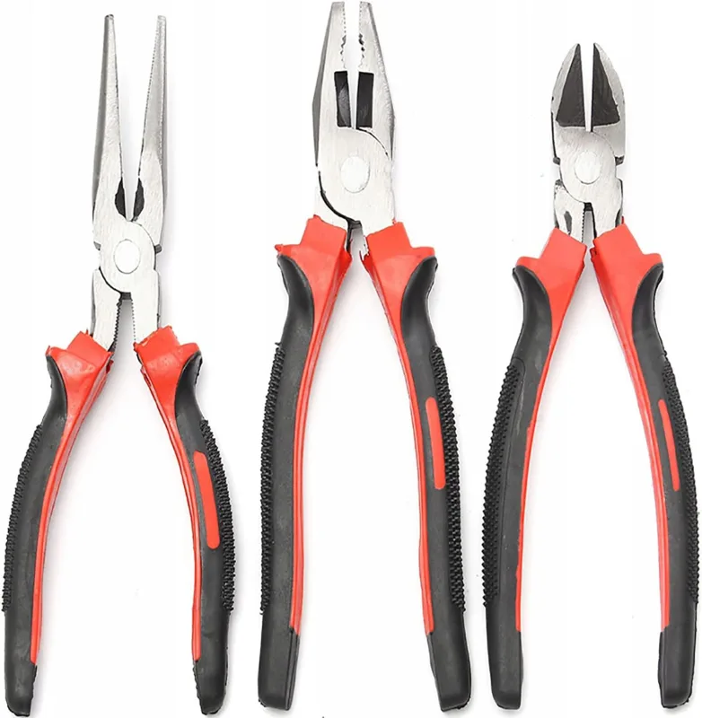 Retoo Set of 3 Professional Pliers: Combined, Fine and Round Nose - Tools with Wire Cutter and Flat Pliers - Red