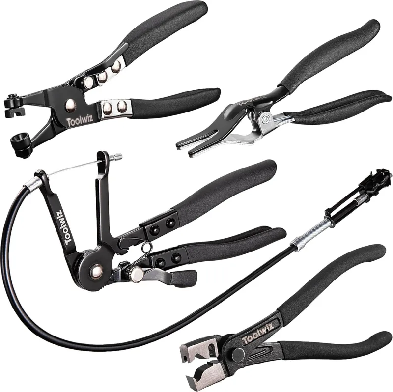 Toolwiz 4 Pieces Car Clamps Pliers, Radiator Clamp Pliers Includes 27" Long Reach Wire Spring, Flat Band, Remover, Click-R Hand Tools