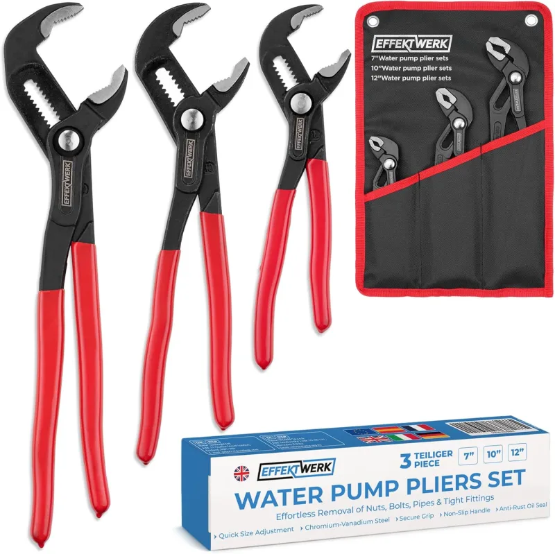 Juego de alicates para bomba de agua de 3 piezas - 18 cm, 25 cm, 30 cm - Llave de fontanero antideslizante, alicates de lengüeta y ranura con mordazas ajustables