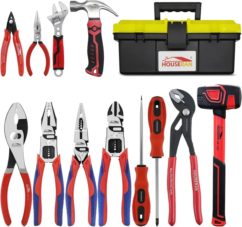 Professional 12 Piece Tool Set - Heavy Duty CRV Pliers Set, Rubber Mallet, Adjustable Wrench, Nail Hammer and Tool Box for Electricity, Home Repair