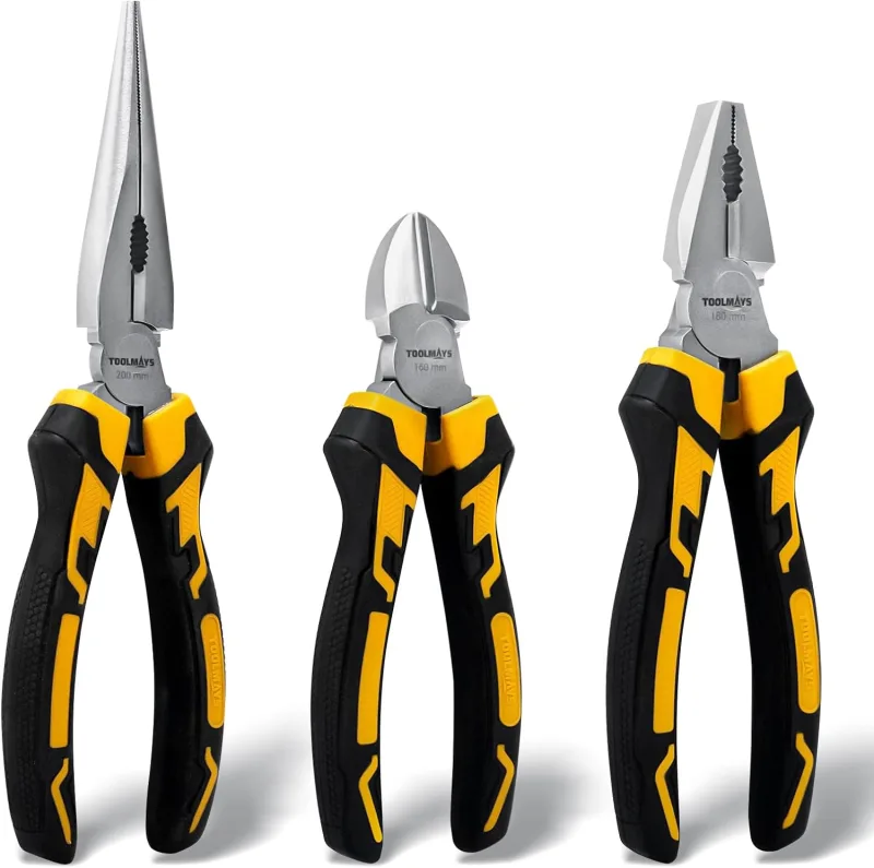 Set of 3 Electric Pliers, Wide Opening Design | Long Nose Pliers 200 mm, Diagonal Cut 160 mm, Combined 180 mm, Professional Crv Hardened, Chrome and Nickel Coating