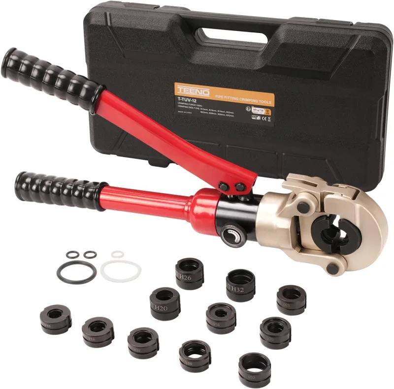 TEENO Pipe Crimping Pliers Professional Press Pliers Set with 12 Contours, for Pipe Connections with TH and U Dies Φ 16/20/25/26/32 mm, V Φ15/18/22/28 mm