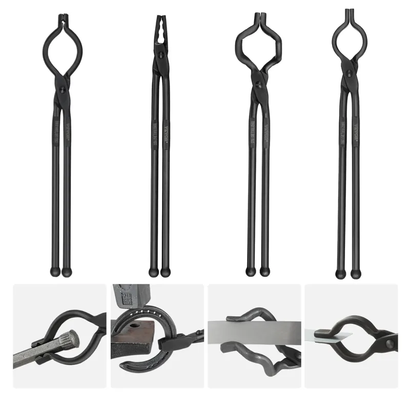 VEVOR Carbon Steel Blacksmith Tweezers Set 4 PCS Forging Tweezers 46cm V-Shape, Wolf Mouth, ZV Shape, Grip Pliers Long Handle Safe Operation Basic Equipment for Blacksmith