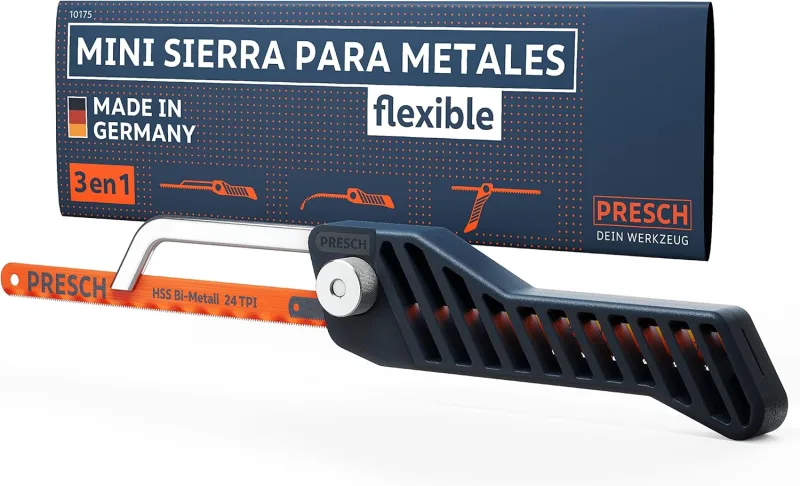 Presch Mini Sierra de Metal Flexible 300mm - de mano 3 en 1 incl. hoja de sierra para metal - Sierra de hierro pequeña ajustable con hoja para metalica