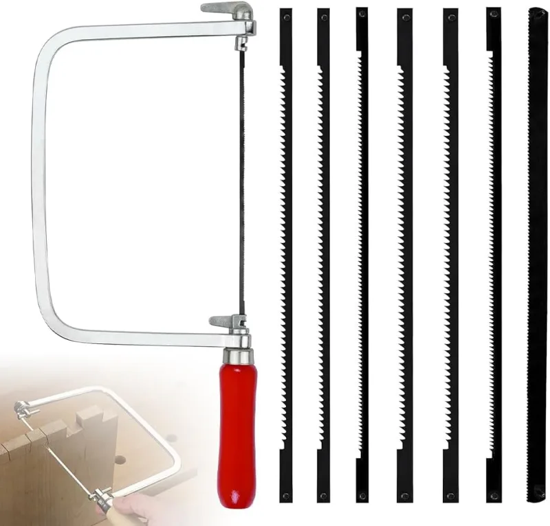 Scissor Saw with 7 Blades 14 18 24 Teeth, Bow for Metal and Wood Rotatable 360 Degrees Hand Hook, Precise Cuts for Jigging Saw Projects Plastic Wood