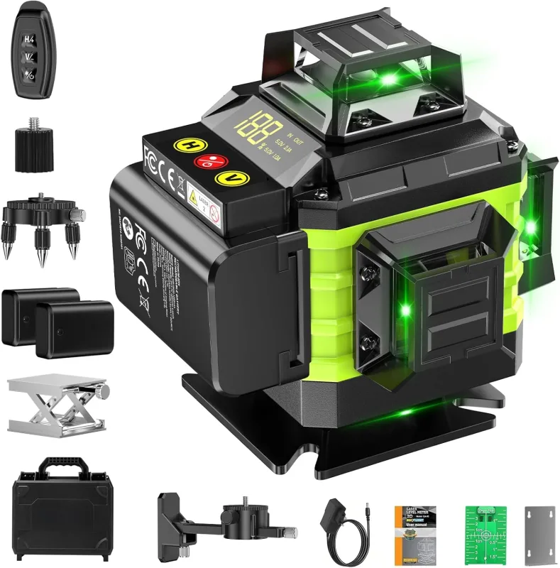 Nivel Laser Autonivelante 360 Grados, Nivel Láser Verde 16 Líneas, 2 x 360 Horizontal y 2 x 360 Verticales, 2 x Batería, Montaje en Pared, Control Remoto, Base Magnética, Soporte Giratorio