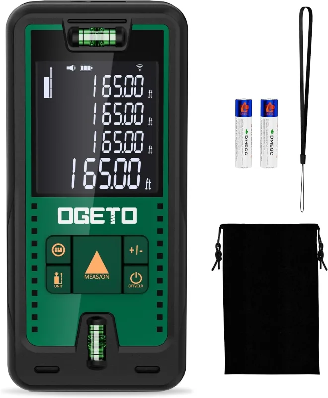 Medidor Láser, OGETO Medidor de Distancia Láser IP54 Herramienta de Medición Digital Portátil Telémetro con Niveles de Burbuja y Gran Pantalla LCD Retroiluminada