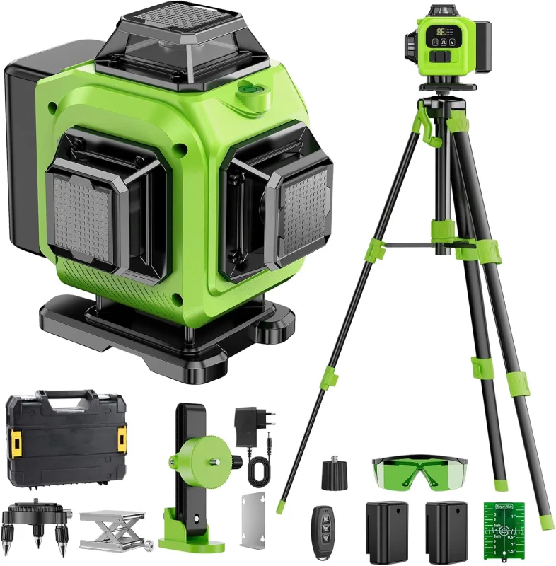 Nivel Laser Autonivelante 360 Grados, Nivel Láser Verde 16 Líneas, 2 x 360 Horizontal y 2 x 360 Verticales, 2 x Batería, Montaje en Pared, Control Remoto, Base Magnética, Soporte Giratorio, Trípode