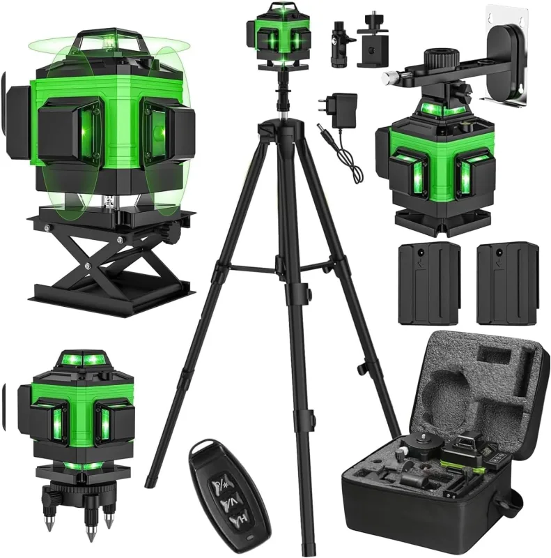 Nivel Laser autonivelante 4 x 360°, 4D 16 líneas nivel láser autonivelante 360 grados horizontal y vertical, IP54, laser autonivelante con control remoto y 2 x 2600mAh Baterías (Con trípode)
