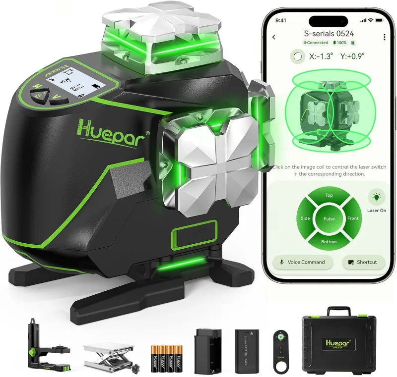 Nivel Láser 4 x 360 ° Huepar , Autonivelante de 16 Líneas Láser de Líneas Cruzadas de Haz Verde 4D con Pantalla LCD Bluetooth -Láser Horizontal/Vertical -Control Remoto y Estuche Rígido-S04CG