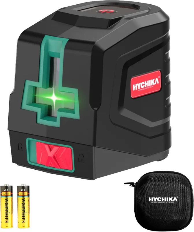 HYCHIKA Nivel Laser Verde, Horizontal y Vertical Nivel Láser Autonivelante, Láser de Línea con Bolsa de Lona y 2 Baterías AA, para Decoración del Hogar, Bricolaje