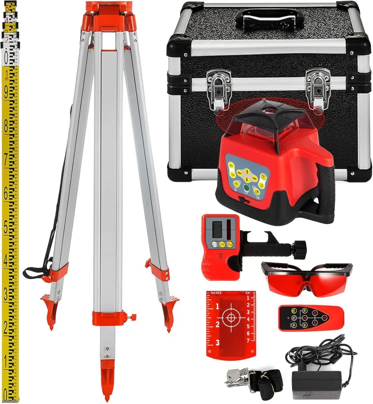 VEVOR Self-Leveling Rotary Red Laser Level 250 m, Tripod and Pole Kit for Automatic Levels 5 m, Folding Level Tripod for Automatic Measuring Tools and Lasers, ± 5°