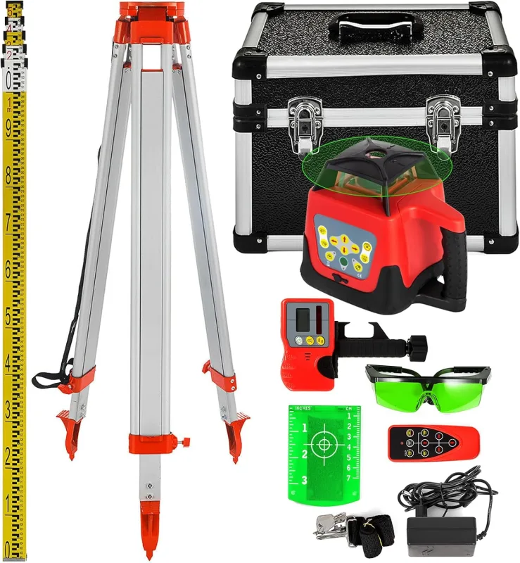 VEVOR Self-Leveling Rotary Green Laser Level 500 m, Tripod and Pole Kit for Automatic Levels 5 m, Folding Level Tripod for Automatic Measuring Tools and Lasers, IP54