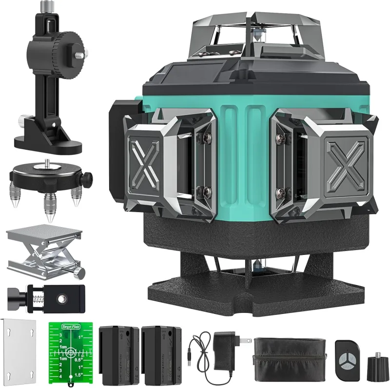 Nivel Laser Autonivelante 360 Grados, Nivel Láser Verde 16 Líneas, 2 x 360 Horizontal y 2 x 360 Verticales, 2 x Batería, Montaje en Pared, Control Remoto, Base Magnética, Soporte Giratorio