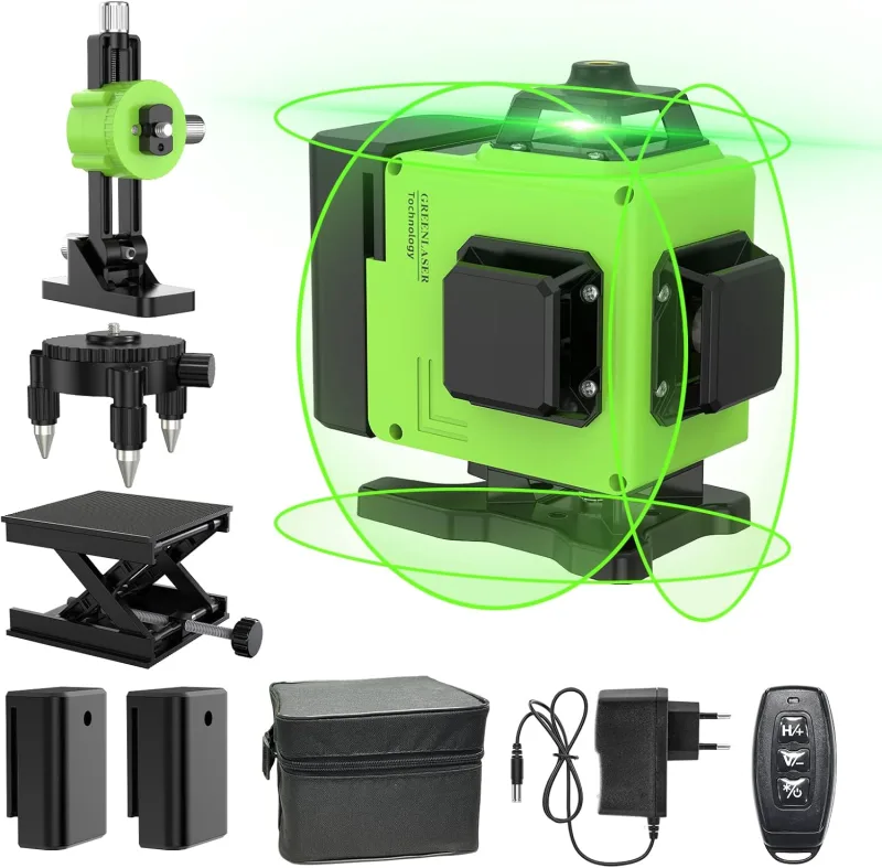 Nivel Láser 4D Verde 360° Autonivelante – 16 Líneas con Brillo Ajustable, 2 x 2400 mAh Baterías y Base de Microajuste – Kit de Precisión con Bolsa de Protección