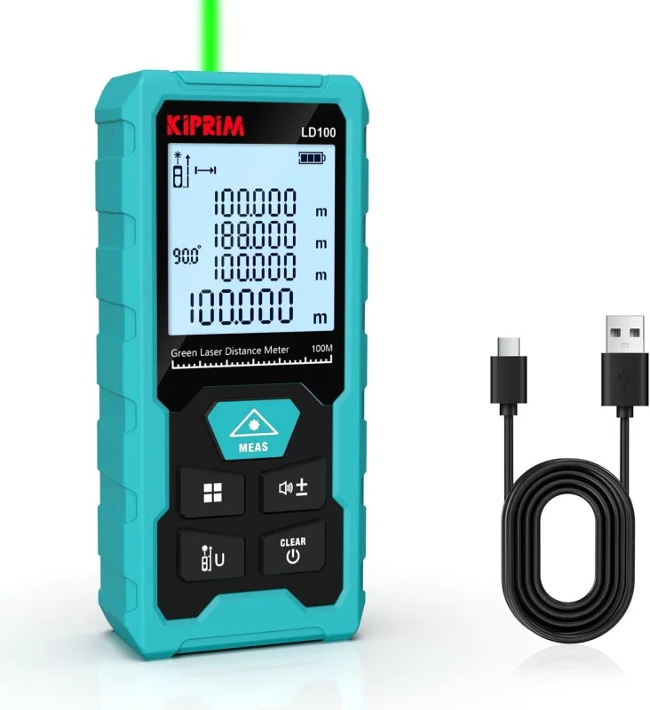 Kiprim Laser Distance Meter, 100 m Range, ±2 mm Accuracy for Laser Meter, Class II Laser, USB-C Recharge, Electronic Level, 10 Measuring Modes with Reflective Panel - LD100