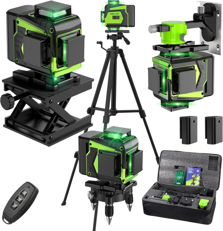 Nivel Laser Autonivelante 360 Grados con Trípode, Nivel Láser Verde 16 Líneas, 2 x 360 Horizontal y 2 x 360 Verticales, 2 x Batería, Montaje en Pared, Control Remoto, Base Magnética, Soporte Giratorio