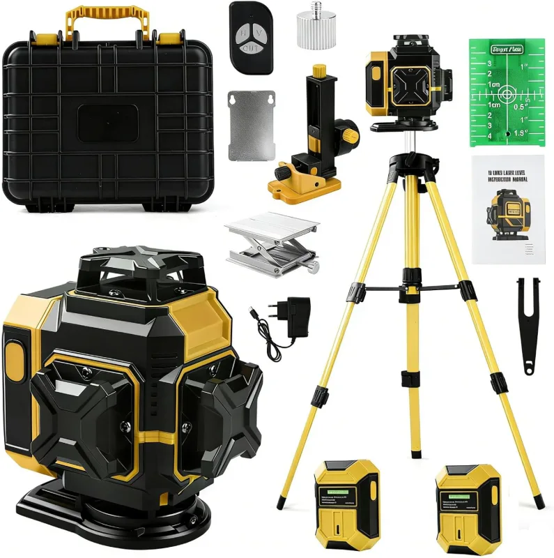 Nivel Laser Autonivelante 360 Grados, Nivel Láser Verde 16 Líneas, Línea Verde Cruzada Horizontal y Vertical Con 2 baterías de 3600 mAh y trípode telescópico, IP54, para Obras, Interiores