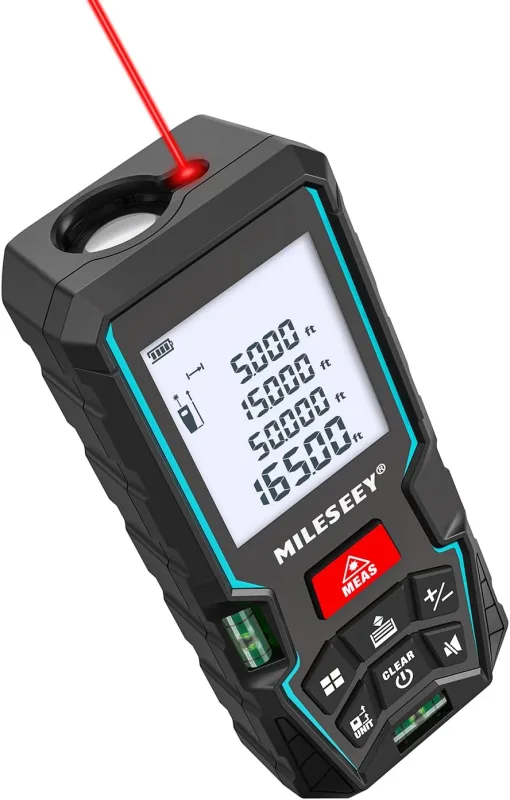 MiLESEEY Medidor Láser 50M, Telémetro Láser con 2 Niveles de Burbuja, Precisión de ± 2 mm, Cambio de Unidad m/in/ft, Pantalla LCD Retroiluminada y Modo Pitagórico, Medida de Distancia, Área y Volumen