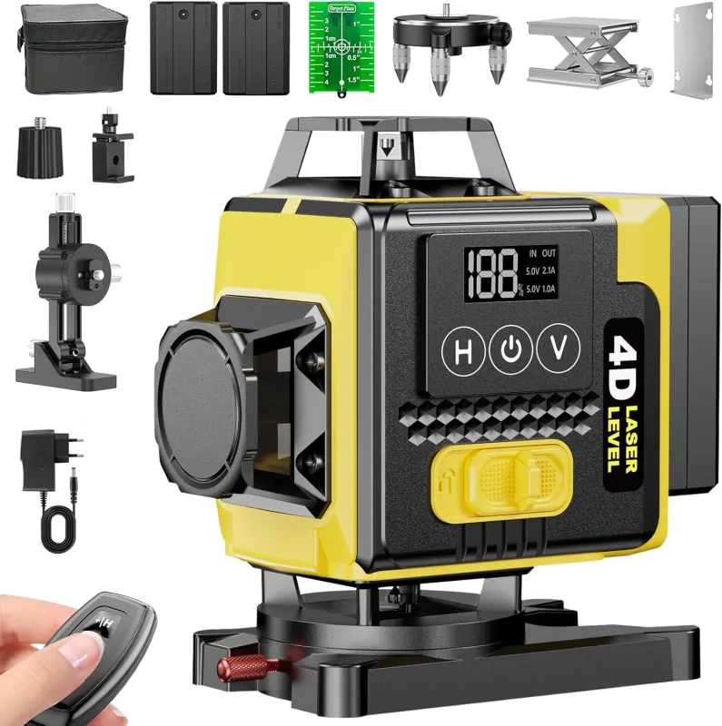 Nivel Láser 4D Verde 16 Líneas (4x360°) – Láser de obra autonivelante, Pantalla LED de batería, Modo pulso para exteriores, 2 baterías de 2400 mAh, Mando a distancia y Bolsa de transporte
