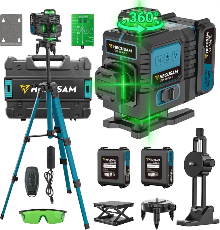 Nivel Laser Con Tripode, Nivel Laser Autonivelante 4 X 360 Grados, Laser Verde Sin Interrupciones Con Giratorio Ventana 360, BateríA 2×4800 mAh, Grado IP54 Para Construcción, Baldosas
