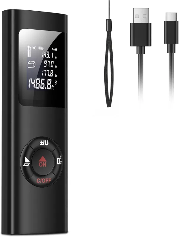 Metro Laser, IPSXP 60M 196Ft USB Recargable Medidor Láser Mudo Portátil Metro Láser con LCD Pantalla Retroiluminada Digital, Cálculo de Distancia, Área, Volumen, Pitágoras, Adición y Sustracción