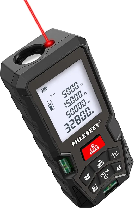 MiLESEEY Medidor Láser 100M, Telémetro Láser con 2 Niveles de Burbuja, Precisión de ± 2 mm, Cambio de Unidad m/in/ft, Pantalla LCD Retroiluminada y Modo Pitagórico, Medida de Distancia, Área y Volumen