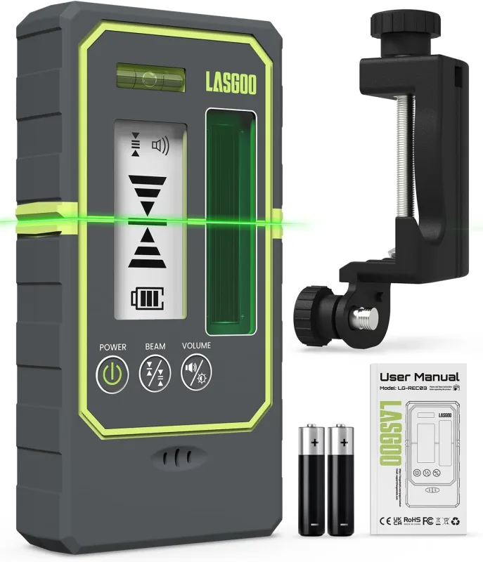 LasGoo Detector Láser para Nivel láser, Receptor en Modo Pulso, Alcance de 50 m, Pantalla Dual LCD con retroiluminación, Altavoz Ajustable, Nivel de Burbuja y Abrazadera incluida