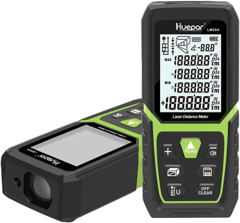 Huepar Telémetro Láser con Batería de Ion de Litio y Sensor de Ángulo Eléctrico, LCD Retroiluminado Medida Láser M/In/Ft con Alta Precisión Modos de Medición Múltiple, Pitagórico
