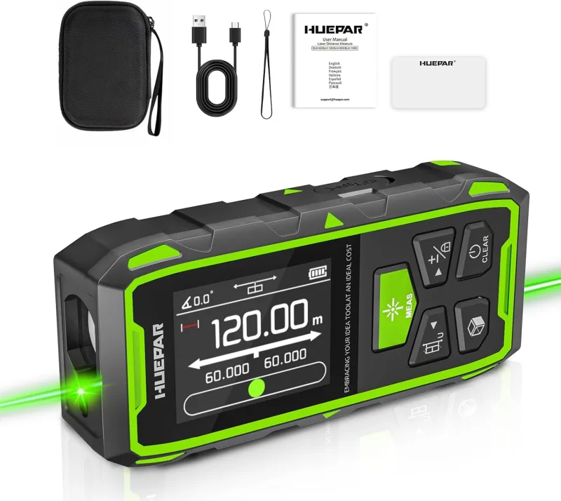 Telémetro Láser Bilateral Verde, Huepar 120m Dispositivo De Medición con Láser, LCD Retroiluminado, Medición De Distancia, Superficie Y Volumen Y Modo Pitagórico