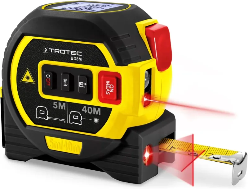 TROTEC BD8M Laser Distance Meter | Laser Distance Measurement from 0.05m to 40m | Cross Line Laser and Tape Measure Included