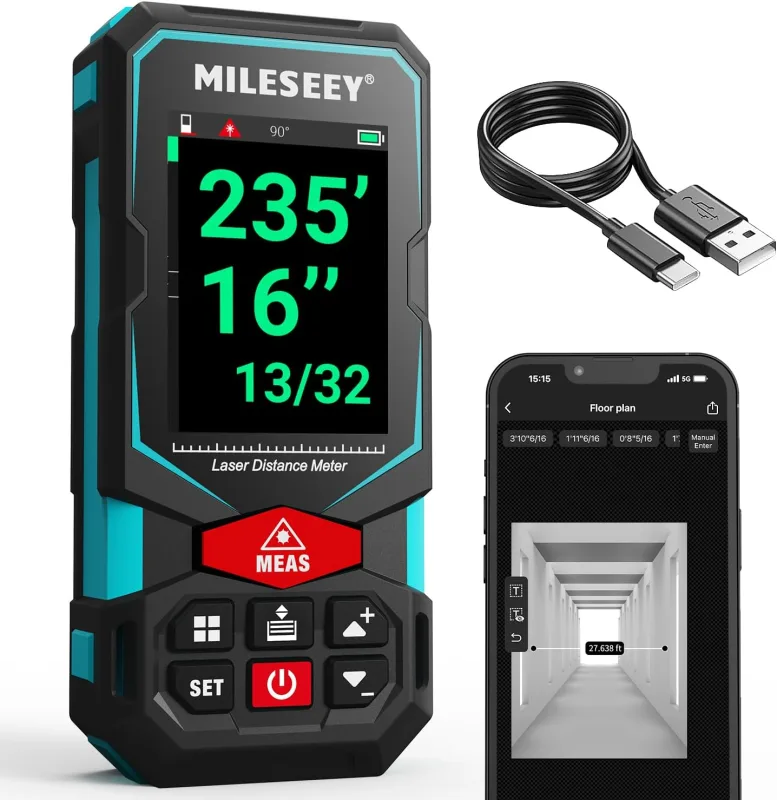 MiLESEEY Medidor Láser 100m con Versión de Aplicación, Telémetro Láser con Pantalla Retroiluminada a Color de 2,4", Medidor de Distancia Láser Recargable con Sensor de Ángulo, m/cm/mm/in/in+f