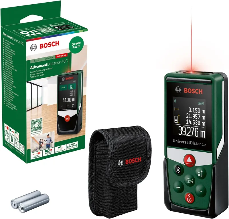 Bosch Medidor Láser UniversalDistance 50C (mide con precisión distancias de hasta 50 m, conectividad Bluetooth, diferentes funciones de medición, en caja de cartón)