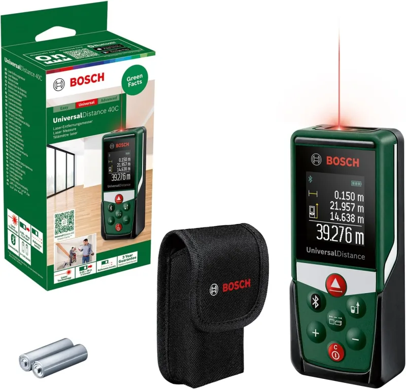 Bosch Medidor Láser UniversalDistance 40C (mide con precisión distancias de hasta 40 m, conectividad Bluetooth, diferentes funciones de medición, en caja de cartón)