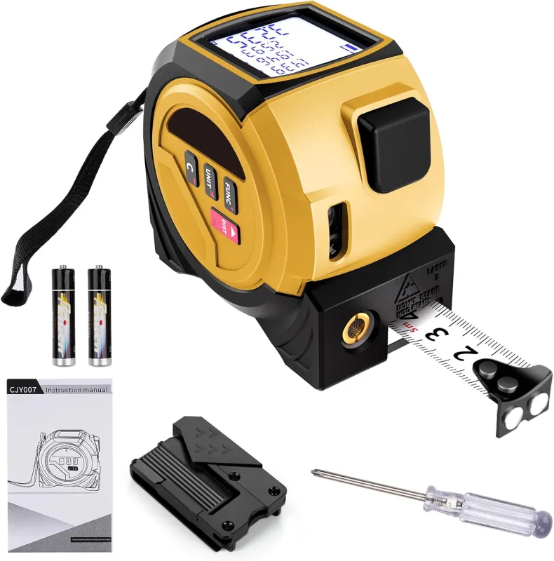 Digital Laser Tape Measure 3 in 1, 60 m Laser Rangefinder with Cross Line Laser and 5 m Steel Tape Measure with LCD Display for Measuring Distances, Surfaces and Volumes
