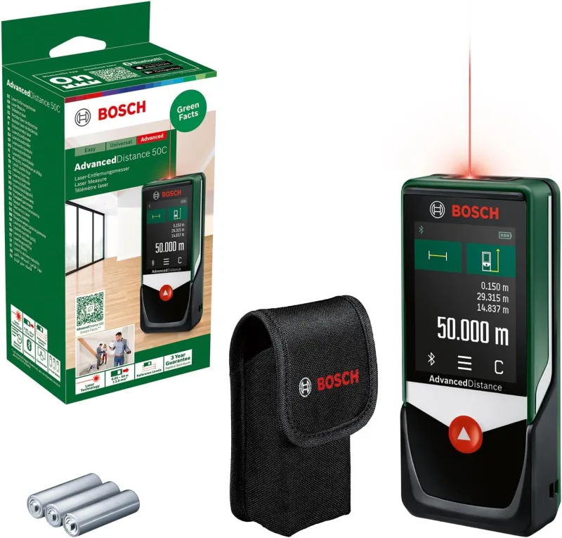Bosch AdvancedDistance 50 C Medidor Láser (mide con precisión distancias de hasta 50 m, pantalla táctil, diferentes funciones de medición con asistencia integrada, en caja de cartón)