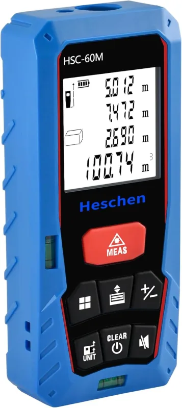Heschen Telémetro láser HSC-60M, 60 m, con 2 Niveles de Burbuja, telémetro láser portátil, para medir Distancia, área, Volumen