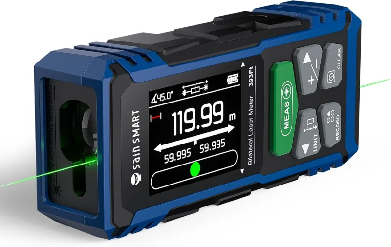 Medidor láser Doble SainSmart, medidor de Distancia Bilateral de 120 m con Pantalla LCD retroiluminada, medidor láser Recargable, Sensor de Longitud, área, Volumen y ángulo