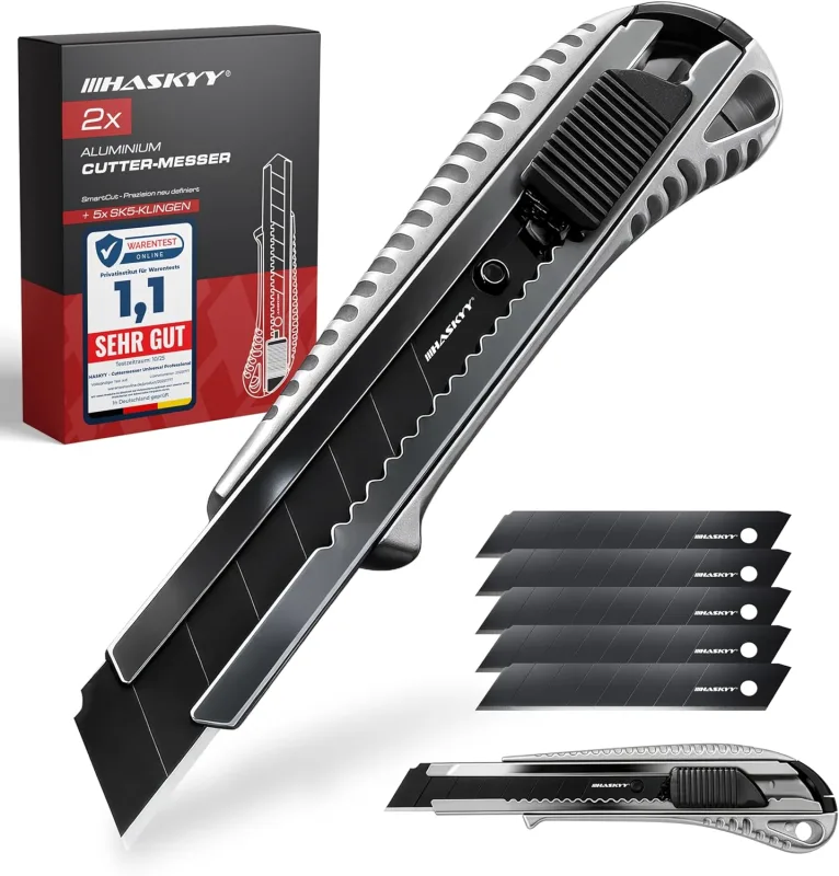 HASKYY Pack of 2 Professional Cutters 18 mm + 5 SK5 Premium Blades – Safety Knives with Auto-Lock