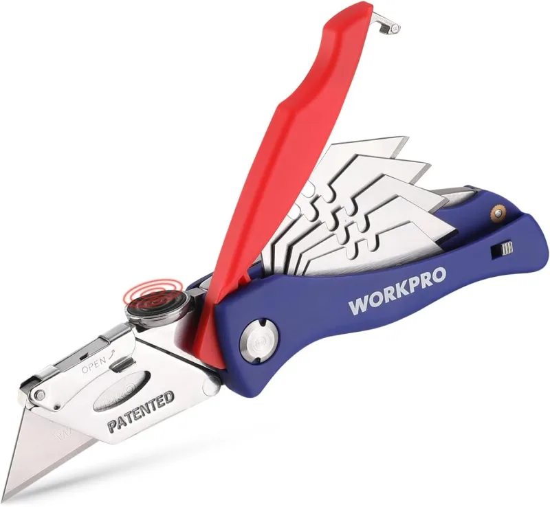 WORKPRO Folding Cutter, Professional Folding Utility Cutter, Quick Change Mechanism Cutter, with 5 Replacement SK5 Blades