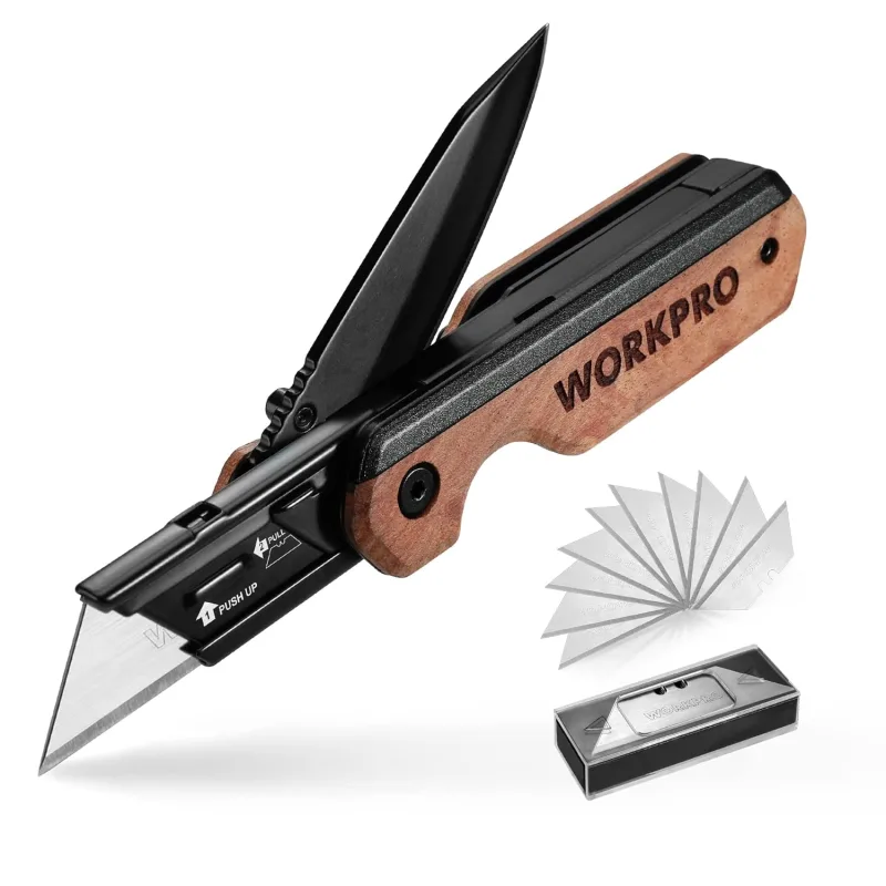 WORKPRO 2-in-1 Folding Knife and Knife - Aluminum Utility Cuter - Wooden Handle Knife with Belt Clip - Quick Change - with 10 Extra SK5 Blades