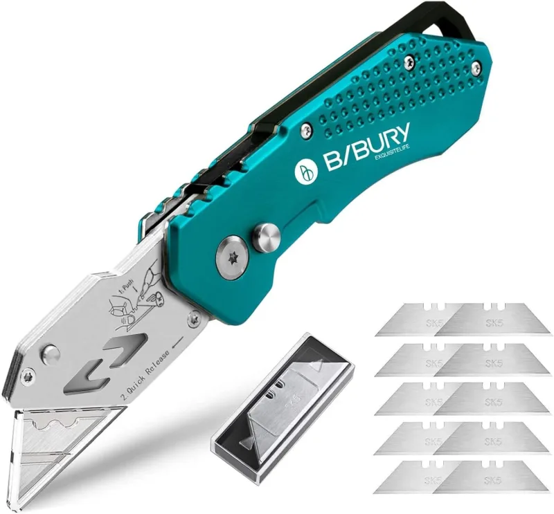 BIBURY Utility Knives, Portable Folding Knife, Upgraded Version Professional Knife, with 10 SK5 Stainless Steel Blades, Belt Clip, Safety Lock Cutter (Green)