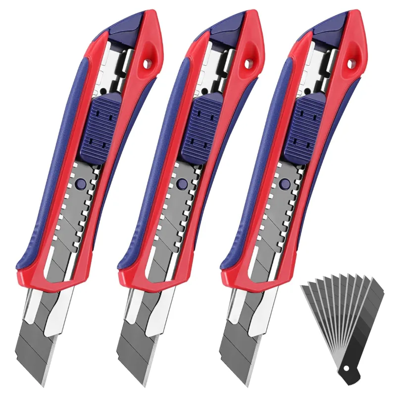 WORKPRO Professional 3-piece cutter, Utility Knife, Separable Blade Cutter, SK5 18 mm Blades, with 10 Spare Blades, Ideal for Cutting Paper, Cardboard